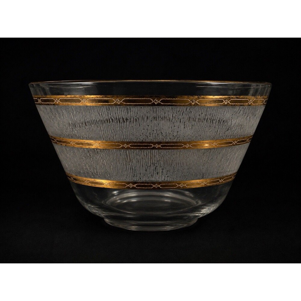 Vintage MCM Gold Band Textured Glass Serving Bowl Mid Century Barware Retro